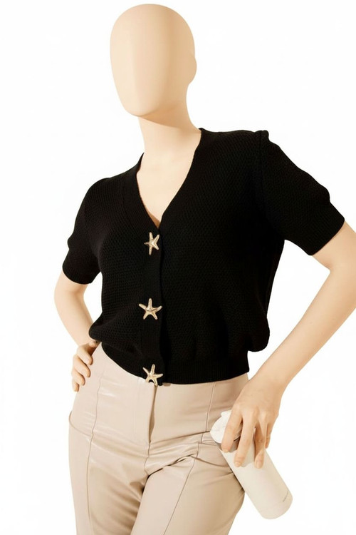 بافت زنانه کوتاه مشکی یقه هفت | مدل دکمه ستارهای